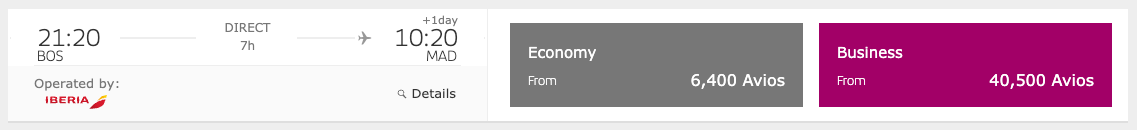 Iberia Avios redemption BOS MAD offpeak business Iberia Avios redemption BOS MAD offpeak business