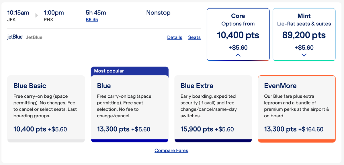 JetBlue Award Flight Pricing New York to Phoenix
