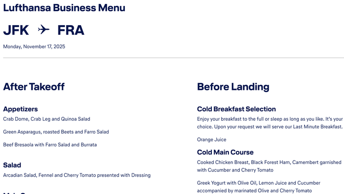 LH Business Class Menu 1