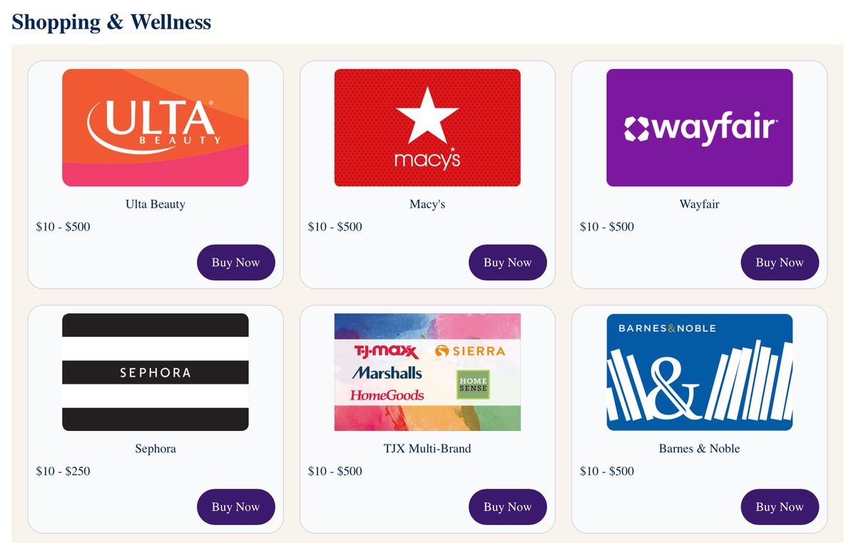 List of gift cards at various merchants