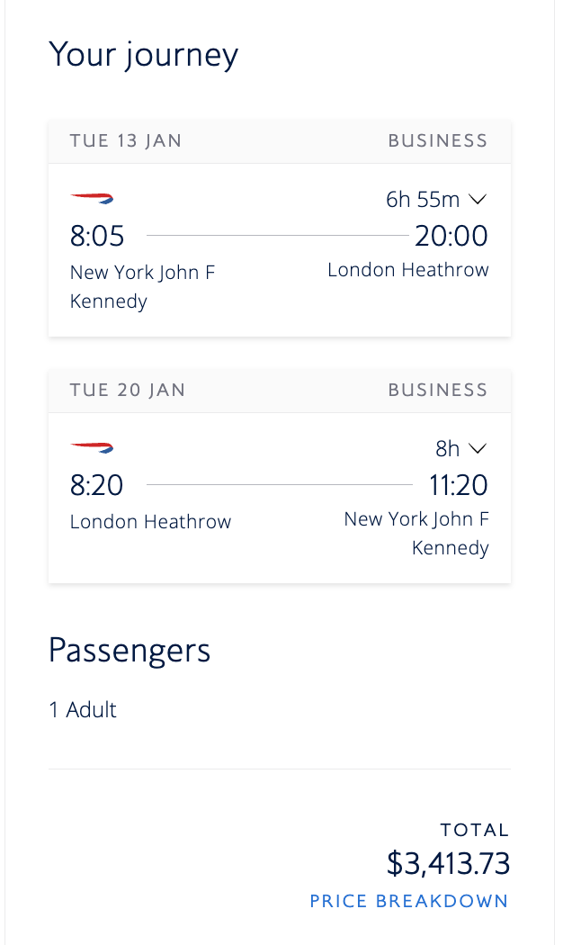 New York to London cash fare