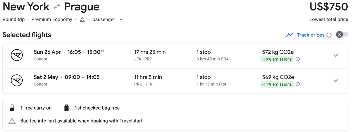 New York to Prague in premium economy New York to Prague in premium economy