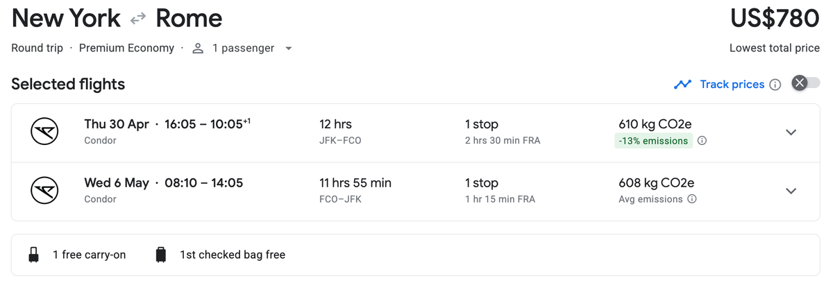 New York to Rome in premium economy New York to Rome in premium economy