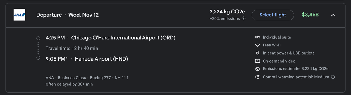 ORD HND ANA business class cash price Google Flights