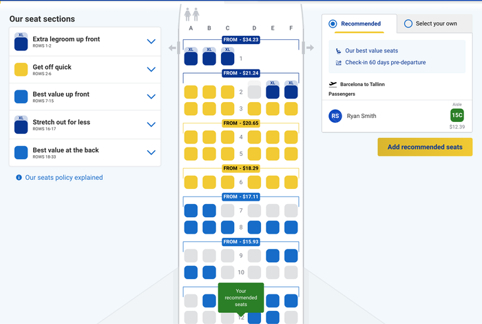 Ryanair seat map and selectin prices