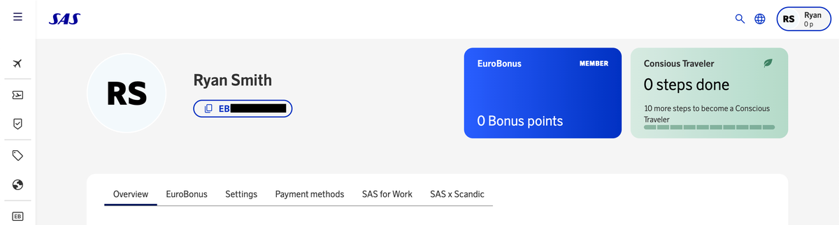 SAS EuroBonus account home page SAS EuroBonus account home page