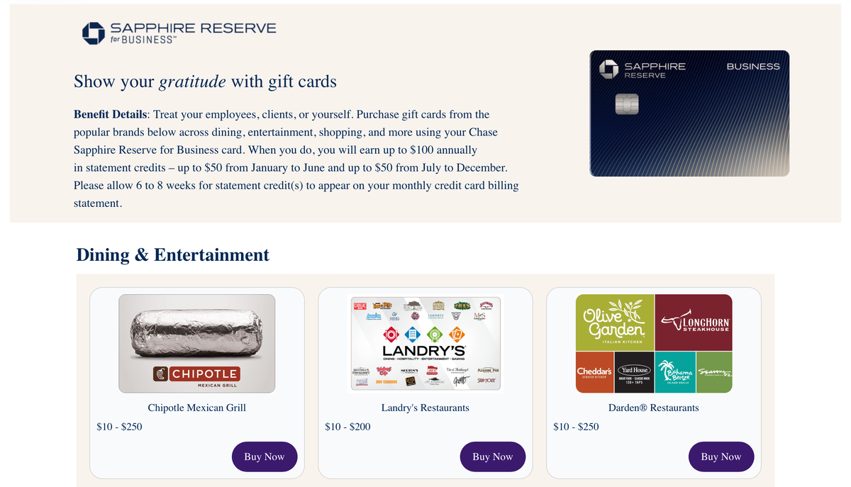 Sapphire Reserve business card gift card landing page
