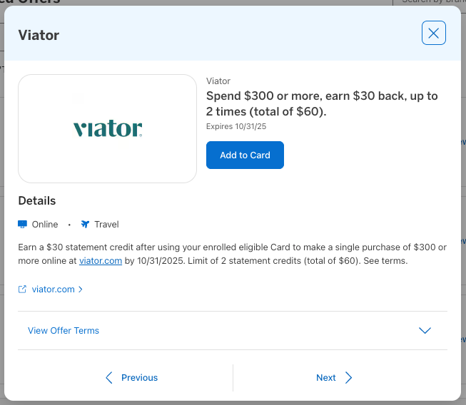 Viator Amex offer