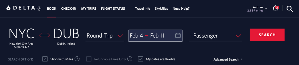 Searching for an award flight on Deltas website