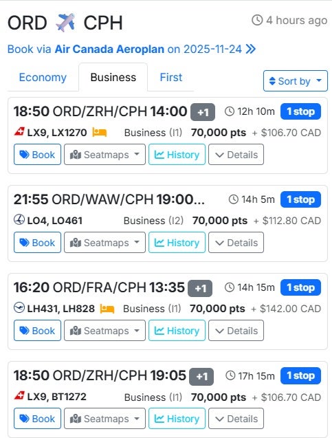 Seats.aero ORD to CPH