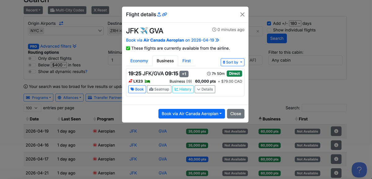 Seats.aero switzerland search
