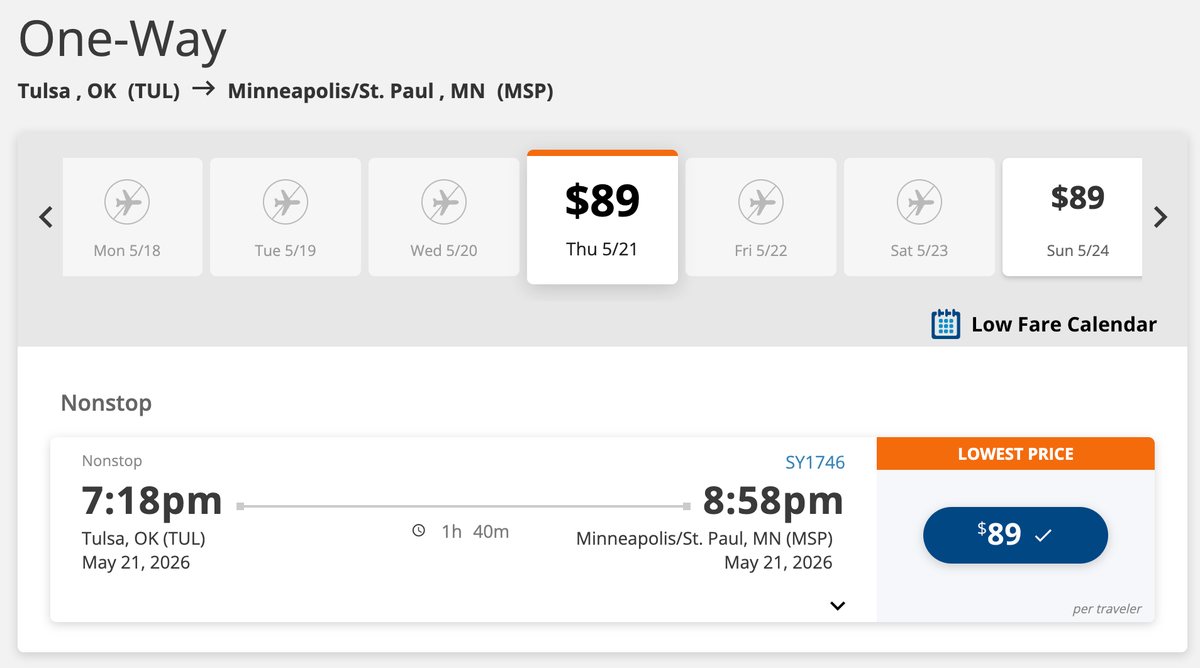 Sun Country TUL MSP one way fare Sun Country TUL MSP one way fare
