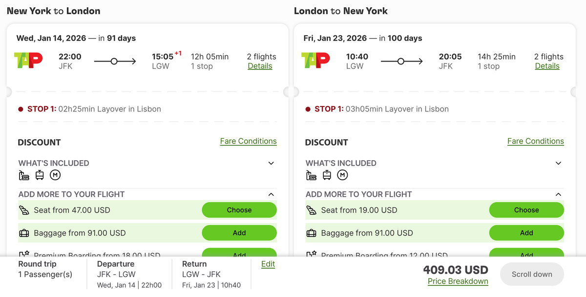 TAP fare JFK LIS LGW