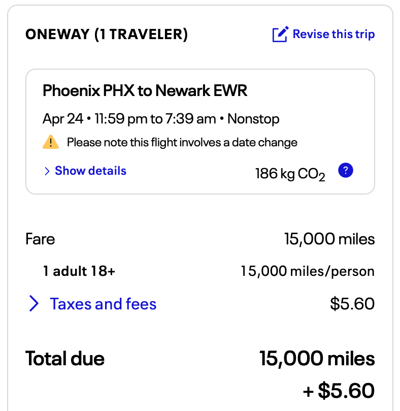 United Award Flight Pricing Phoenix to Newark