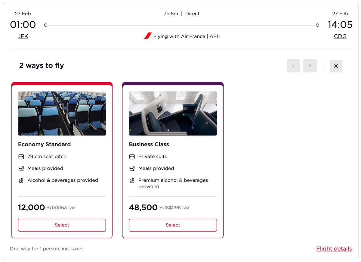 Virgin Atlantic award flight from New York to Paris