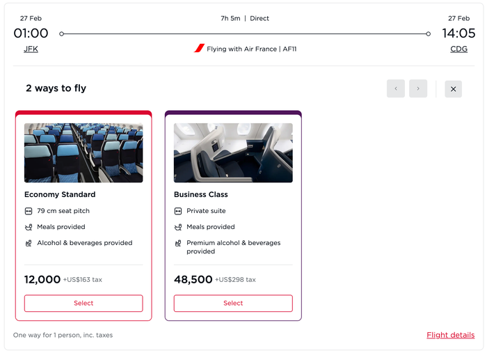 Virgin Atlantic award flight from New York to Paris