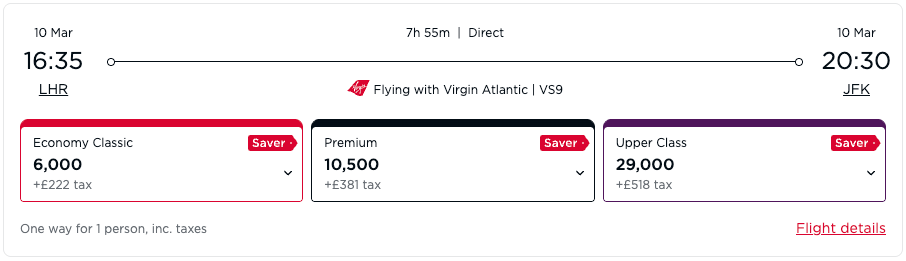 Virgin Atlantic award ticket from London to New York
