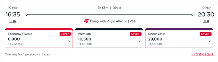 Virgin Atlantic award ticket from London to New York