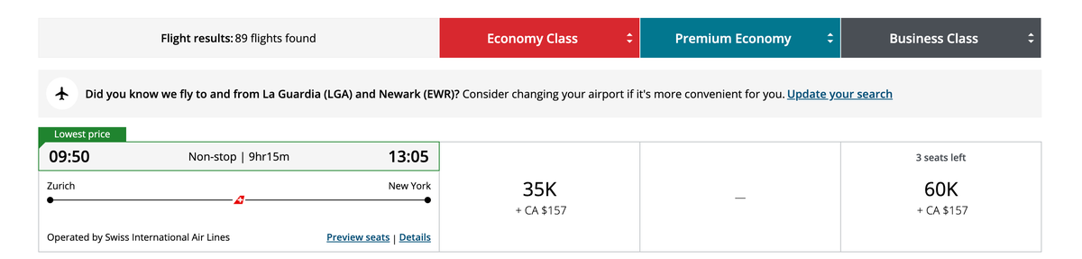Zurich to JFK for 60k Aeroplan points 1 Zurich to JFK for 60k Aeroplan points 1