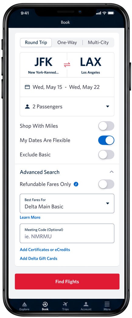 delta app advanced search app
