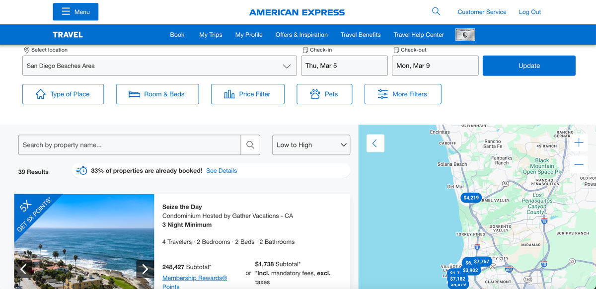 amex travel vacation rental results