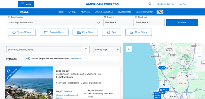 amex travel vacation rental results