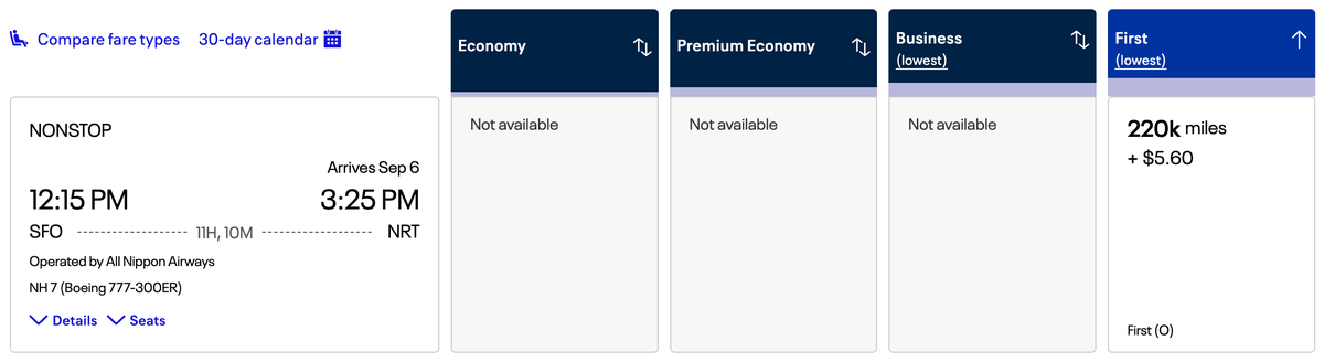 ANA F SFO NRT award United ANA F SFO NRT award United