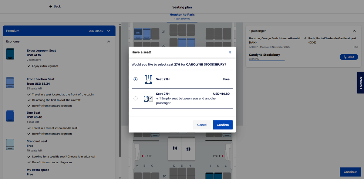 Air France A350 900 IAH CDG economy empty seat Air France A350 900 IAH CDG economy empty seat