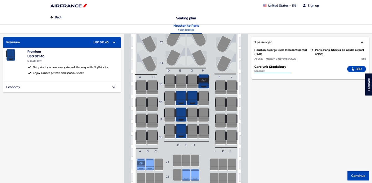 Air France A350 900 IAH CDG economy premium seat upsell Air France A350 900 IAH CDG economy premium seat upsell