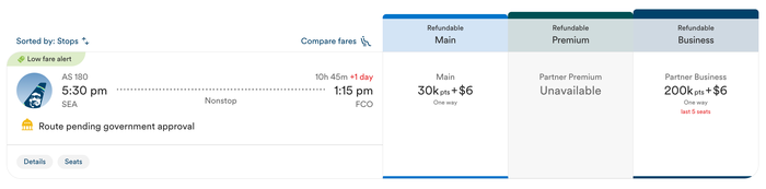 Alaska Airlines points booking to Rome