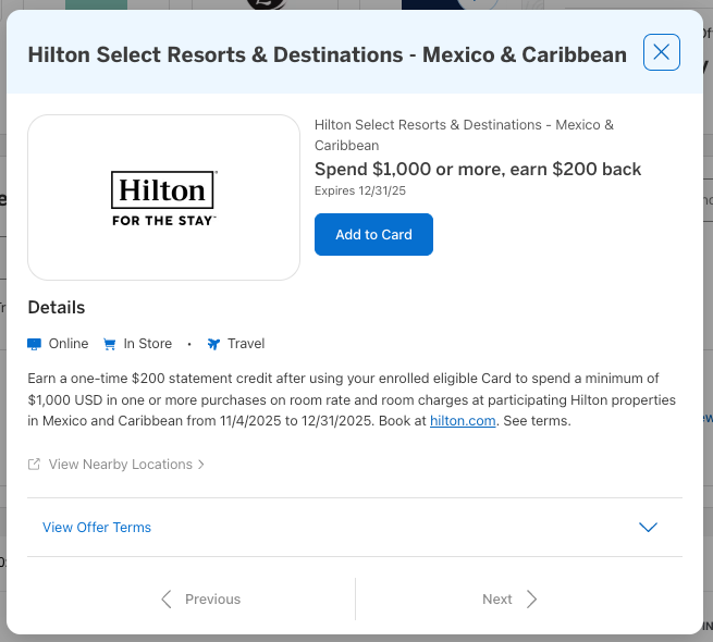 Amex Offer Hilton Mexico Caribbean November 2025