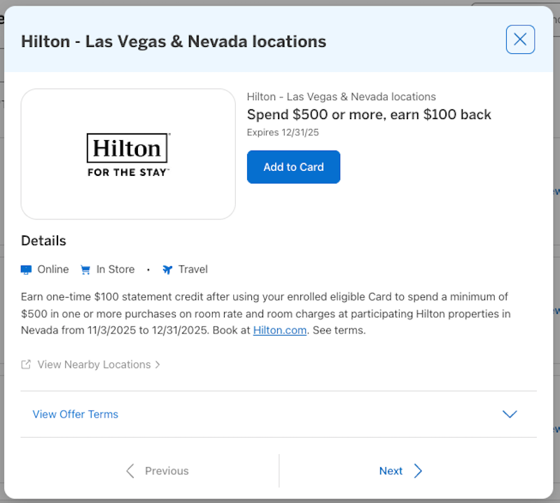 Amex Offer Hilton Nevada November 2025