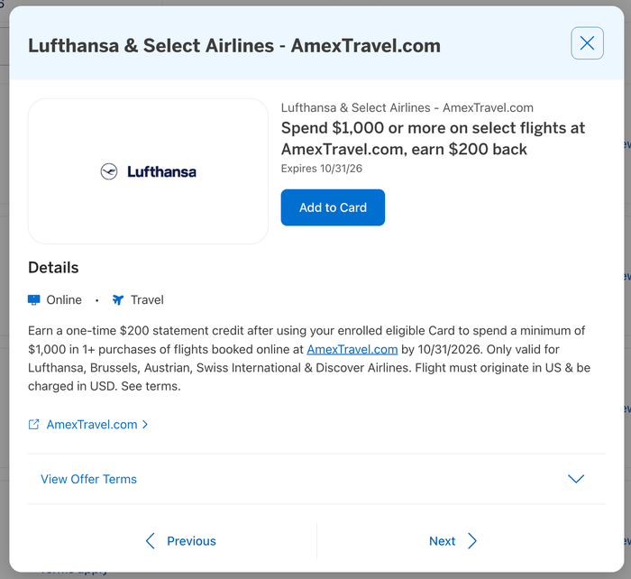 Amex Offer Lufthansa August 2026