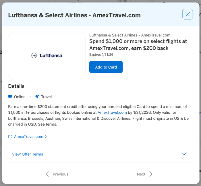 Amex Offer Lufthansa November 2025