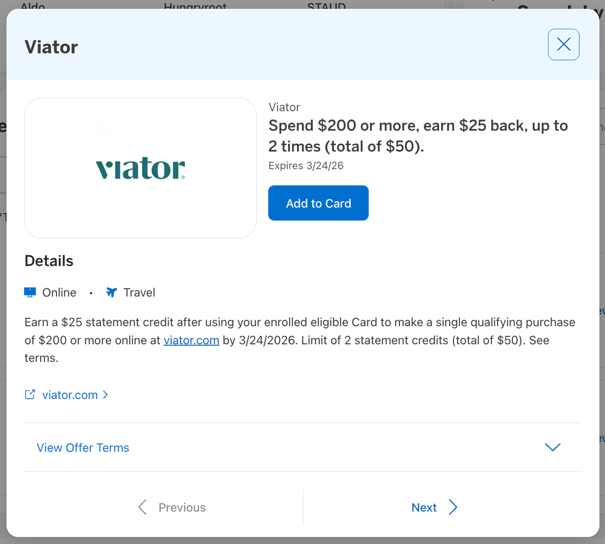Amex Offer Viator February 2026