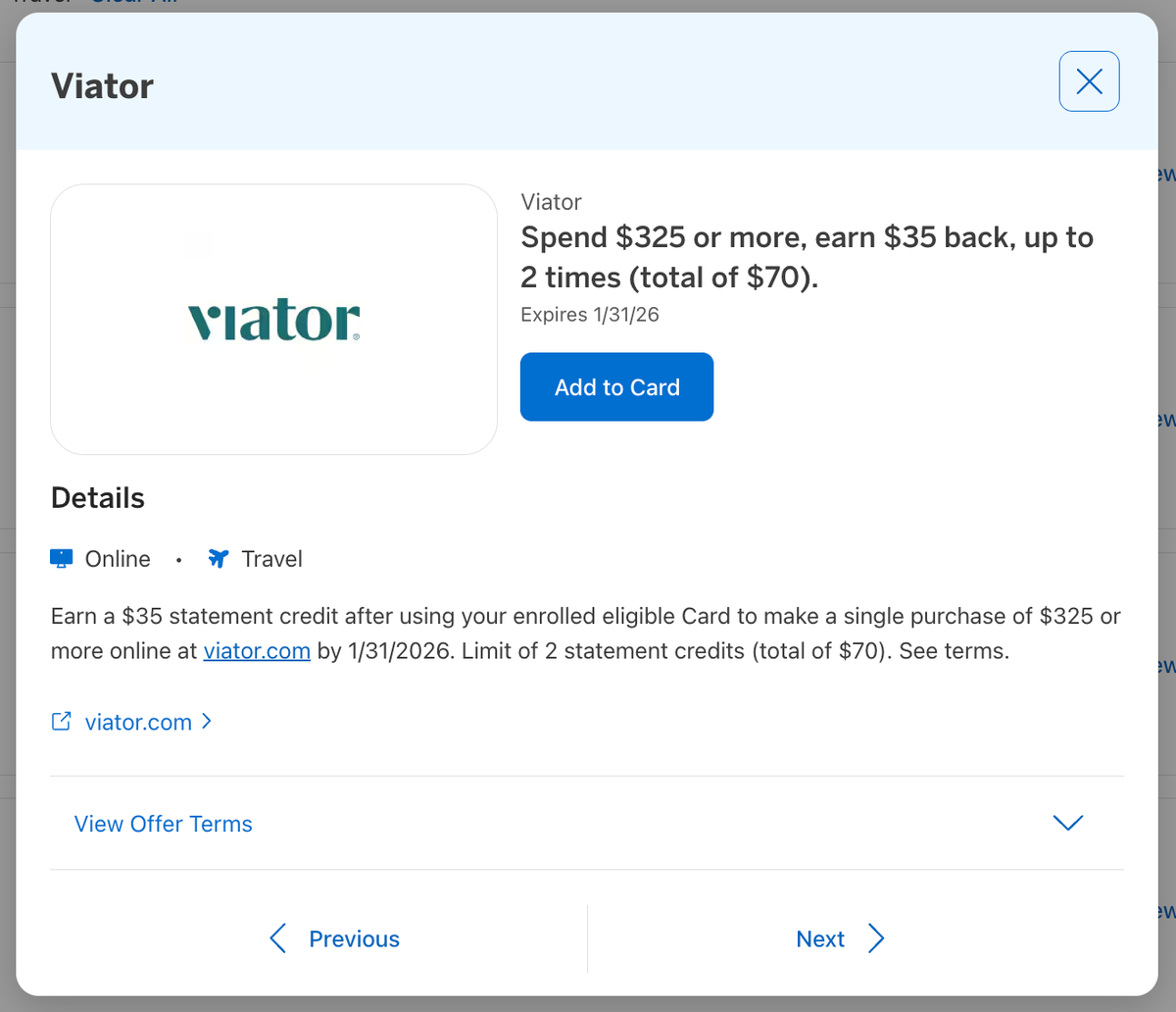 Amex Offer Viator November 2025