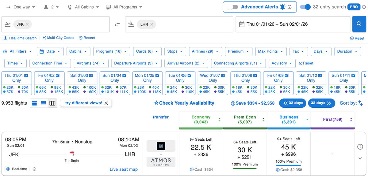 AwardTool Multi Entry Search from New York JFK to London Heathrow