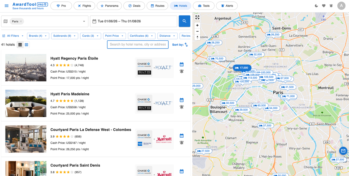 AwardTools Hotels Feature Showing Hotel Pricing in Paris