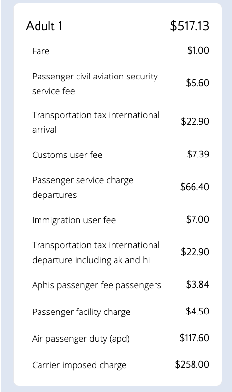 British Airways fare breakdown between New York and London