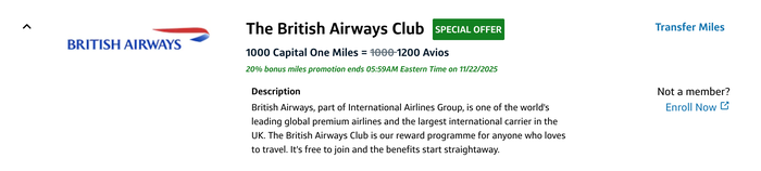 Capital One British Airways transfer bonus November 2025