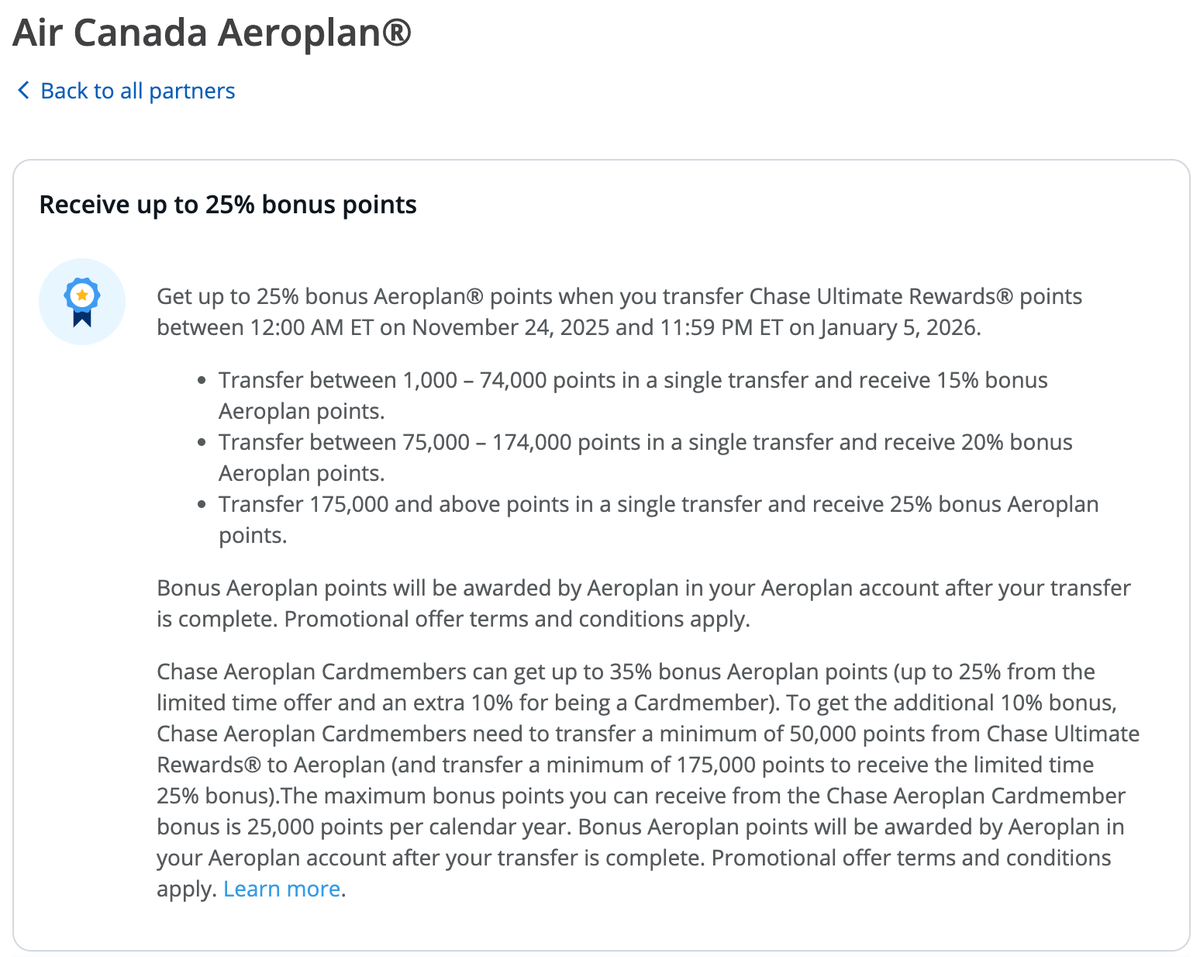 Chase 30 transfer bonus Aeroplan November 2025