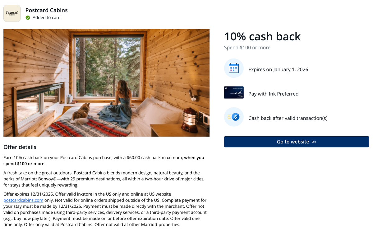 Chase Offer Postcard Cabin 2025
