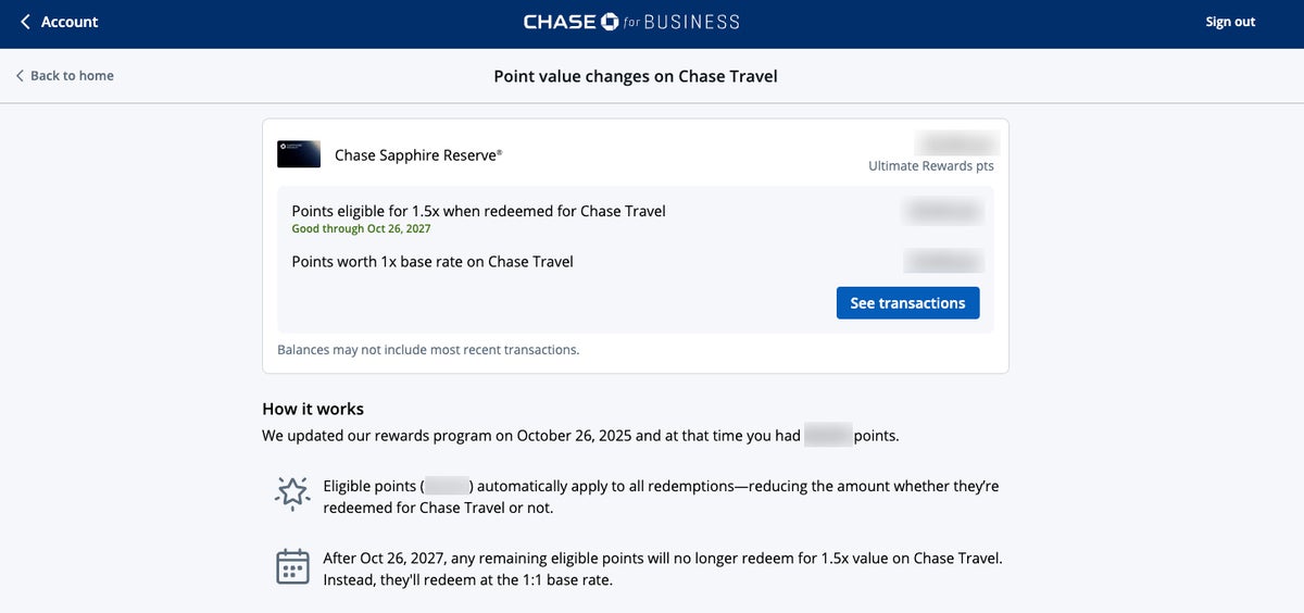 Viewing how many points can be redeemed at 1.5 cents per point on Chase Travel