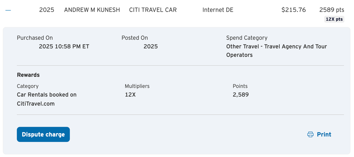 Citi Travel rental car earnings on the Citi Strata Elite