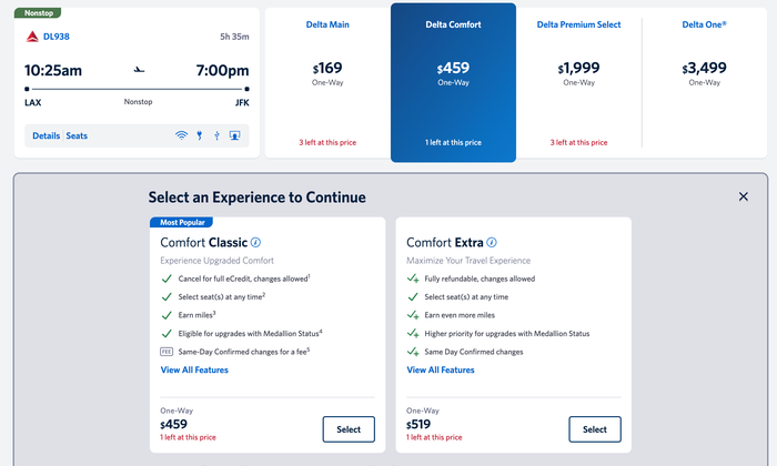 Delta Comfort Classic and Extra fares