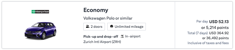 Enterprise rental car price in Zurich on Citi Travel
