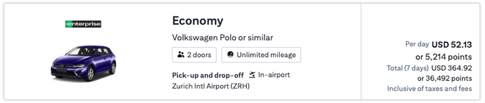 Enterprise rental car price in Zurich on Citi Travel