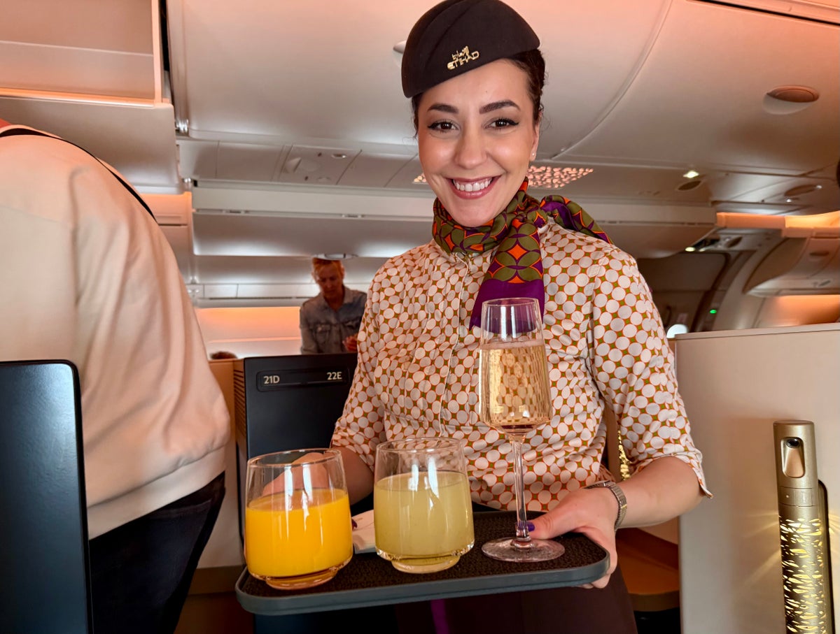 Etihad Business Class welcome drink Etihad Business Class welcome drink