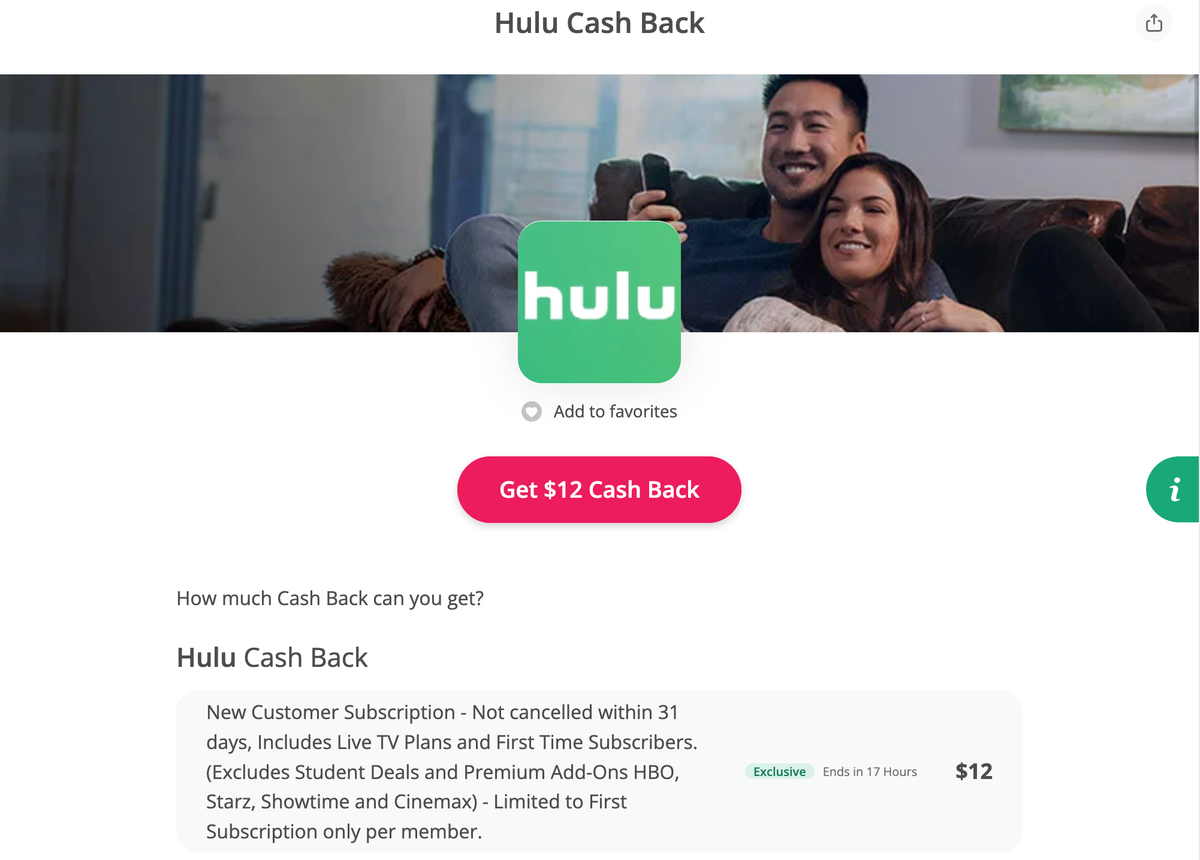 Hulu Topcashback offer November 2025