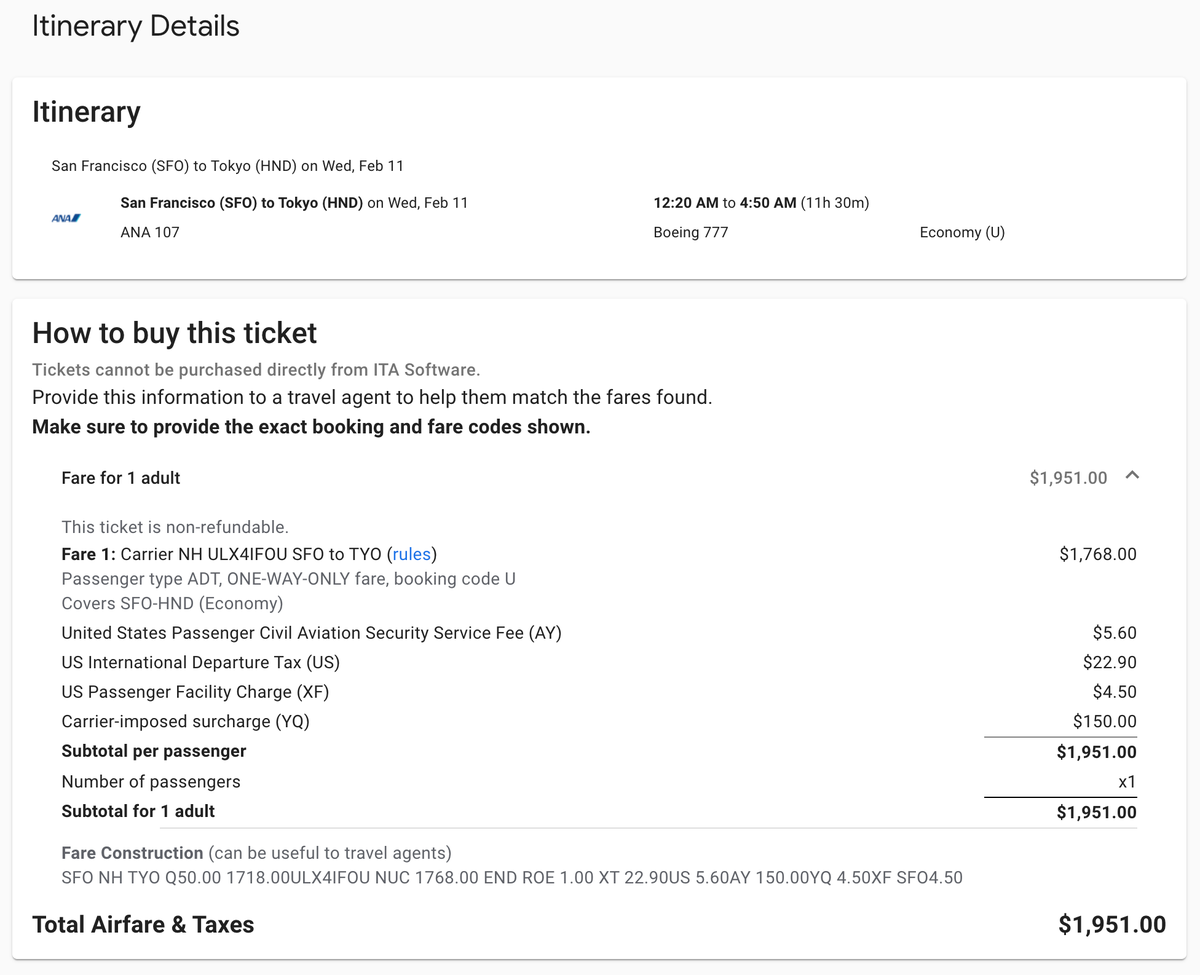 ITA Matrix ANA U fare SFO NRT ITA Matrix ANA U fare SFO NRT